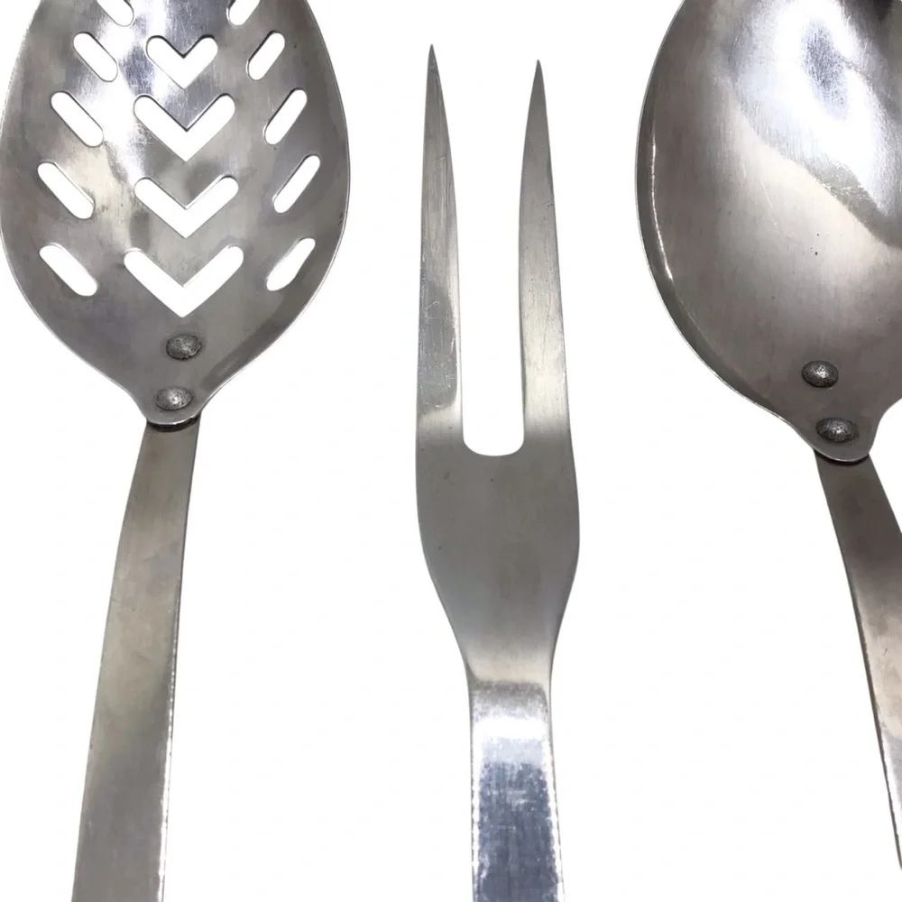 Vintage Japan Stainless Steel 3 Pc Serving Set Wood Handle Spoon Fork Utensils